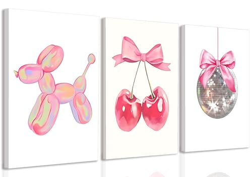 Trendy Pink Bows Canvas Wall Art Set of 3, Vintage Preppy Cherry Disco Ball Posters Wall Decor, Pink Girly Room Aesthetic Painting Prints for College Apartment Living Room Bedroom 12x16 In Framed - color: Balloon dog canvas, size: 16L"x12W"