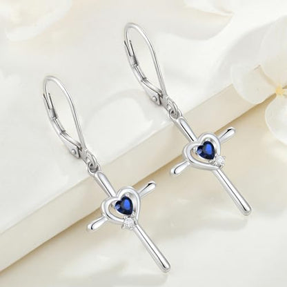 Cross Earrings 925 Sterling Silver Opal Crucifix Dangle Drop Earring Heart Birthstone Religious Jewelry for Women - color: 09-sapphire-Sept