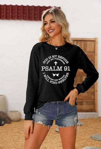 Christian Sweatshirts for Women Psalms 91 Long Sleeve Shirt - color: Black, size: XX-Large