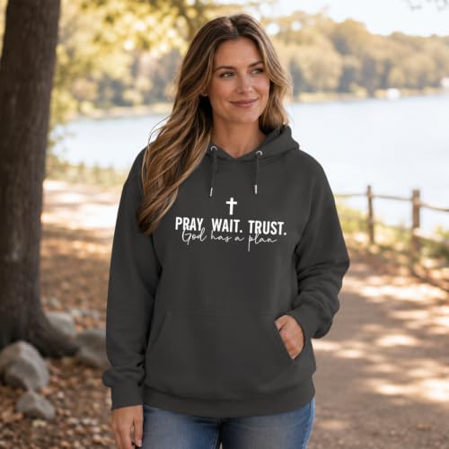 Wrenpies Christian Faith Hoodie for Women Jesus God Religious Bible Verse Hoodies Cross Pray Wait Trust Graphic Sweatshirt - color: Deep Gray, size: Large