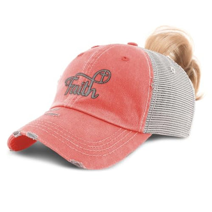 Ponytail Cap Women's Baseball Cap Embroidered Faith Christian Cross Faith Jesus Christ Cotton - color: Coral Design Only