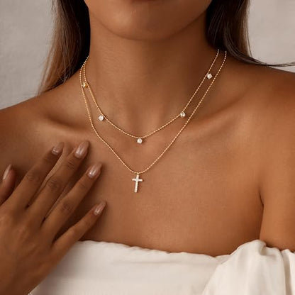 Rotnso Cross Necklace for Women 14K Gold Plated Dainty Small Pendant Choker - style: 2 Layered Bead+Diamond Cross-GD