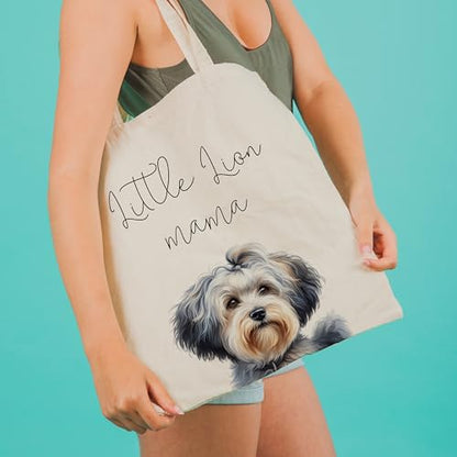 Dog Mom Canvas Tote Bag for Women, Reusable Cotton Shoulder Bag, Dog Lover Gift, Mother’s Day Pet Mom Shopping Tote - color: Little Lion