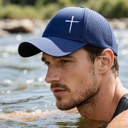 Christian Cross Hat for Men, Quick Dry Baseball Cap, Faith Gift Hats - color: Navy
