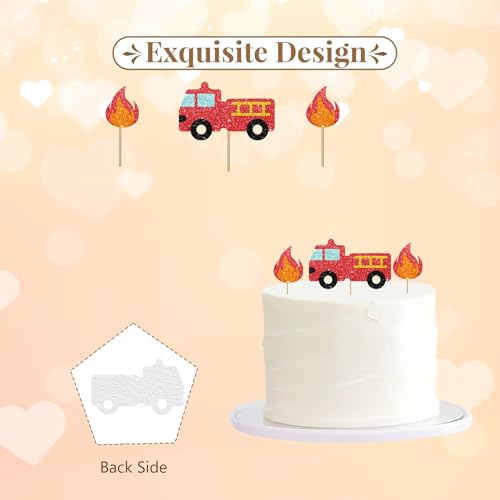 Firetruck Cake Topper, Fire Truck Birthday Cake Decor, Red Glitter Emergency Vehicle Cake Topper for Boy Birthday, Firetruck Themed Baby Shower Party Decoration - style: Firetruck