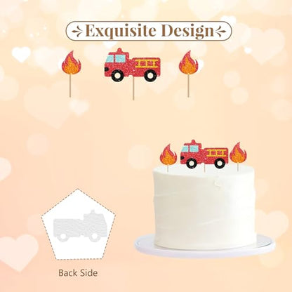 Firetruck Cake Topper, Fire Truck Birthday Cake Decor, Red Glitter Emergency Vehicle Cake Topper for Boy Birthday, Firetruck Themed Baby Shower Party Decoration - style: Firetruck