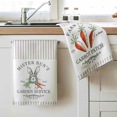 MelonBoat Easter Kitchen Towels Set of 2, Easter Bunny Carrot Patch Decorative Dish Towels, 18x28 Inch Happy Easter Hand Towels, Cute Happy Spring Hand Drying Tea Towels for Home Bathroom Kitchen