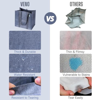 VENO 4 Pack Reusable Grocery Bags, Heavy-Duty Shopping Bags with Handles, Bags for Shopping Cart with Hard Bottom to Stand Upright, Foldable, Multi-Purpose(Gray, 4 Pack) - color: Gray