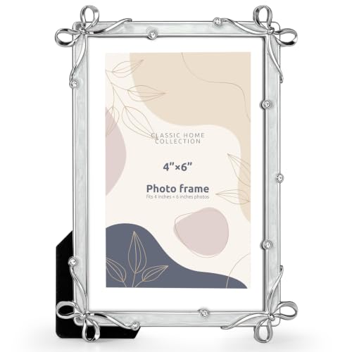 Classic Home Collection Silver Photo Frame, 4x6 Inch, Bow Accents with Crystal, Decorative Picture Frame (Silver) - color: Silver