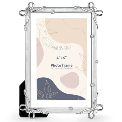 Classic Home Collection Silver Photo Frame, 4x6 Inch, Bow Accents with Crystal, Decorative Picture Frame (Silver) - color: Silver