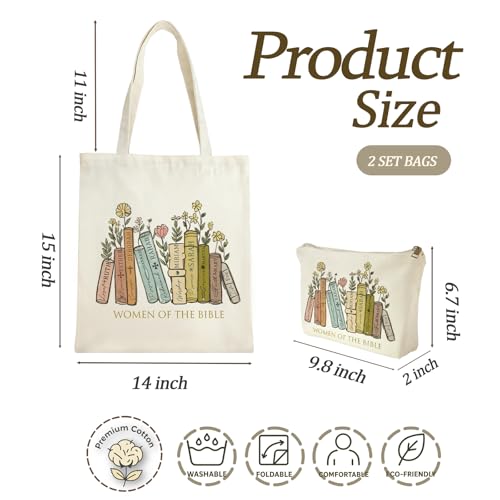 2 Pack Bible Canvas Tote Bag Makeup Bag Women Christian Gifts Reusable Grocery Bags for Shopping Travel - style: Women in the Bible