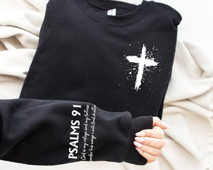 MOUSYA Women Christian Sweatshirt Psalms 91 Sleeve Print Sweatshirt Bible Verse Pullover - color: Black, size: Large