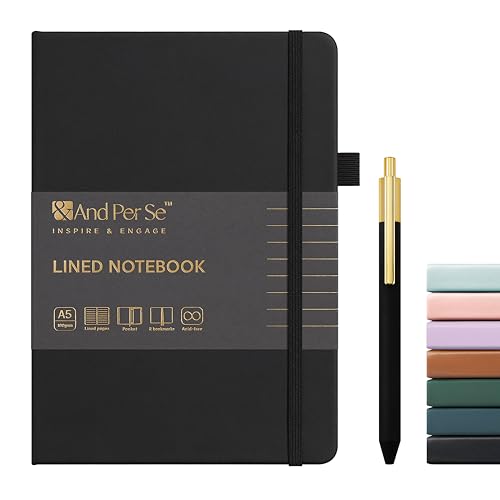 &And Per Se Lined Journal and Pen Set, A5 Leather Hardcover Notebook with Pen & Stationary Set, 160 Pages 100GSM Thick Ruled Paper Journal for Business Work Writing (Black) - color: Black