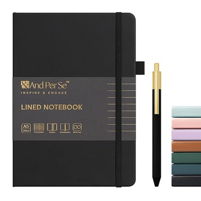 &And Per Se Lined Journal and Pen Set, A5 Leather Hardcover Notebook with Pen & Stationary Set, 160 Pages 100GSM Thick Ruled Paper Journal for Business Work Writing (Black) - color: Black