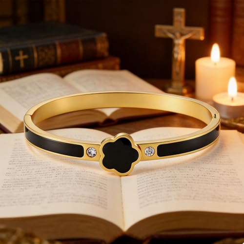 Fullrainbow Bible Verse Bracelet Religious Daily Bible Verse NFC Bracelet for Women, Gold Plated Bangle Bracelets with Black Enamel Flower Design and Crystal Accents (gold)
