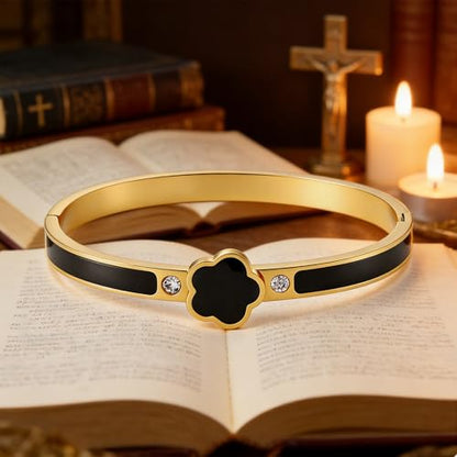 Fullrainbow Bible Verse Bracelet Religious Daily Bible Verse NFC Bracelet for Women, Gold Plated Bangle Bracelets with Black Enamel Flower Design and Crystal Accents (gold)