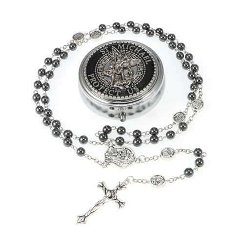 Saint Michael the Archangel Hematite Beads Catholic Rosary Necklace