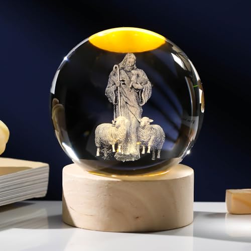 Arikyrist 3D Crystal Jesus Figurine Statue Night Light, Laser Engraved Crystal Christian Catholic Religious Easter Gift with Wooden Base - color: 3d Jesus#3