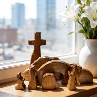 DZX The Empty Tomb Easter Scene and Cross, Wooden Easter Resurrection Scene Cross Jesus Tomb Tray Set, Jesus Nativity Scene Decor for Religious,Christian Gifts,Home Office Tabletop. (A)