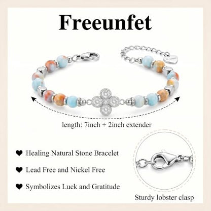 Bracelet for Women Natural Stone Beaded, Stainless Steel Charms, Adjustable - color: 12-Clover