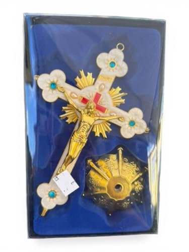 Aura Zen Store Crucifix 9 Inch Desk - Wall Cross with Stand Base - Gold & White Catholic with Jesus Figure, Blue Stone Accents, Religious Altar Decor, Christian Gift for Home, Church or Prayer Space