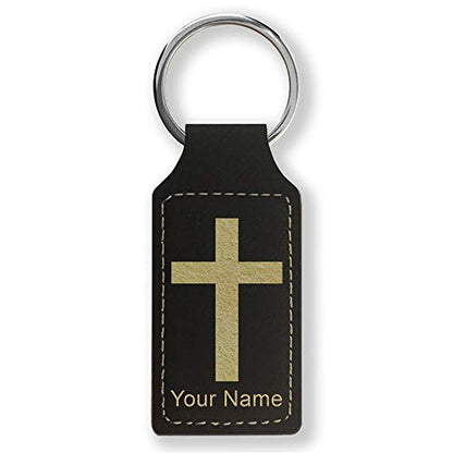 LaserGram Rectangle Keychain, Christian Cross, Personalized Engraving Included - color: Black With Gold