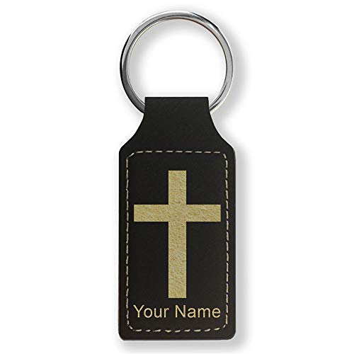 LaserGram Rectangle Keychain, Christian Cross, Personalized Engraving Included - color: Black With Gold