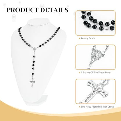 Black Pearl-Style Rosary Necklace with Metal Gift Box, 8mm, 22 Inch - color: Black