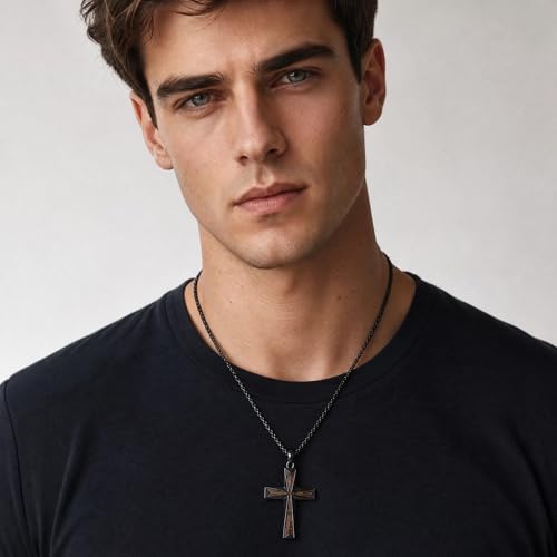 Cross Necklace for Men 925 Sterling Silver Cross Ebony Wooden Ankh Raven Praying Hands Crucifix Amulet Religious Jewelry Gifts for Men Women - color: Cross2