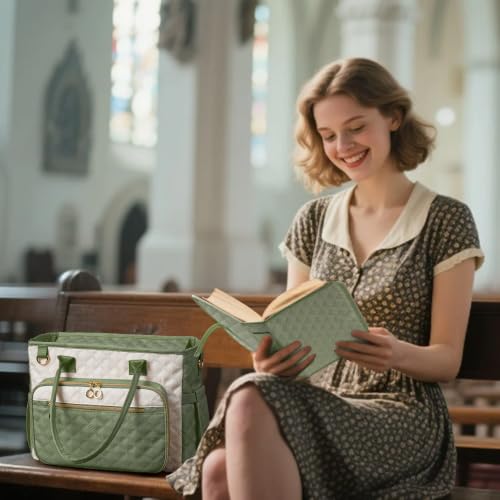Large Bible Bag with Bible Cover Case for Women,Color-Blocking Quilted Church Tote Bag with Shoulder Strap, Christian Gifts for Women(Green) - color: Beige/Green