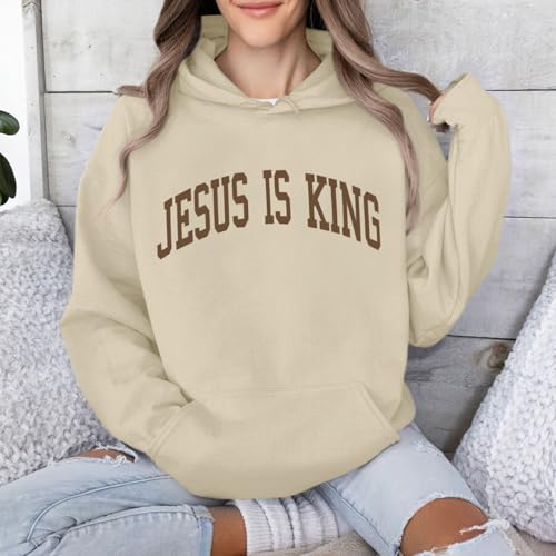 Sulayesh Christian Jesus Loves You Hoodies Women Religious Faith God Jesus Is King Sweatshirts Bible Verse Inspirational Tops - color: Apricot, size: Medium