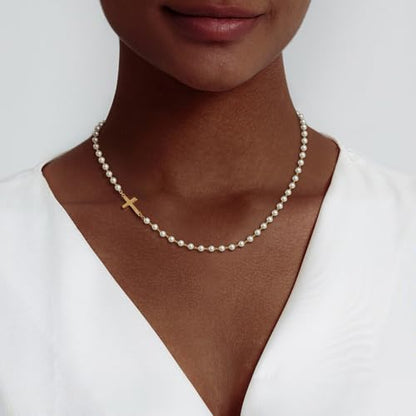 Airmb Cross Necklace for Women Choker 14K Gold/925 Silver Plated Dainty Choker Small Cross Pendant Trendy Cute Cross Charm Delicate Necklace Hypoallergenic Faith Jewelry Religious Gifts for Women - color: Sideways Cross-Pearl Chain-Gold