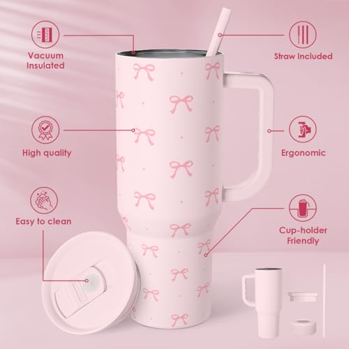 SANDJEST Gift for Women Girls - Coquette Bow Stainless Steel Tumbler with Handle, Travel Coffee Mug - Gifts for Birthday Christmas, 40oz - color: Bow