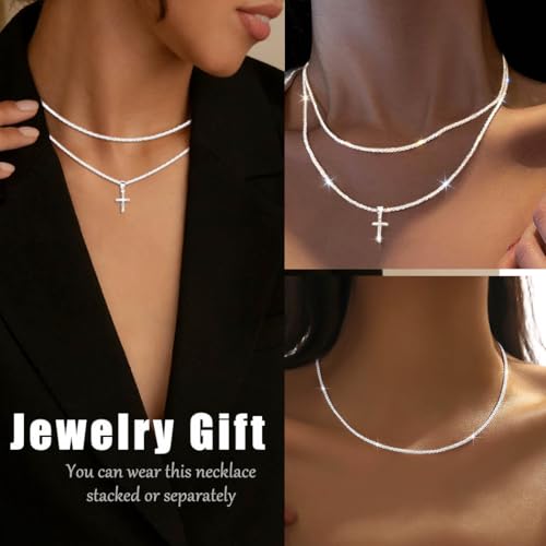 925 Sterling Silver Necklace for Women Layered Cross Paperclip Chain Necklaces Dainty Sparkle Pendant Jewelry Gifts - style: 2 Layered Cross