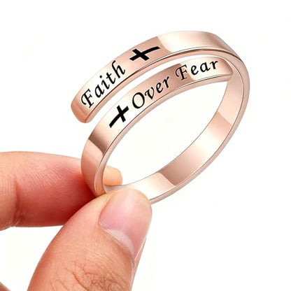 Faith Over Fear Cross Inspirational Rings for Women Daughter, Christian Blessed Hope Love Encouragement Rings Adjustable Open Tiny Purity Wrap Thumb Cross Ring Jewelry Graduation Cocktail Party - color: Rose Gold