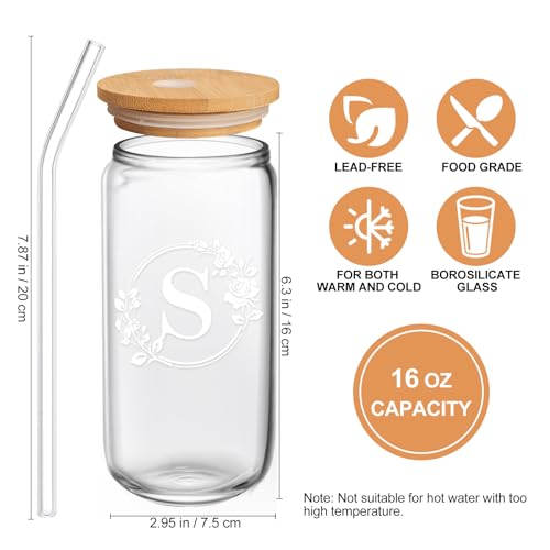 Birthday Gifts for Women, Monogrammed Initial Glass Cup Personalized Gifts for Women, 16oz Glass Cups with Lids and Straws, Iced Coffee Cup, Beer Can Shaped Glass - Gifts for Mothers Day, Christmas, S - style: S