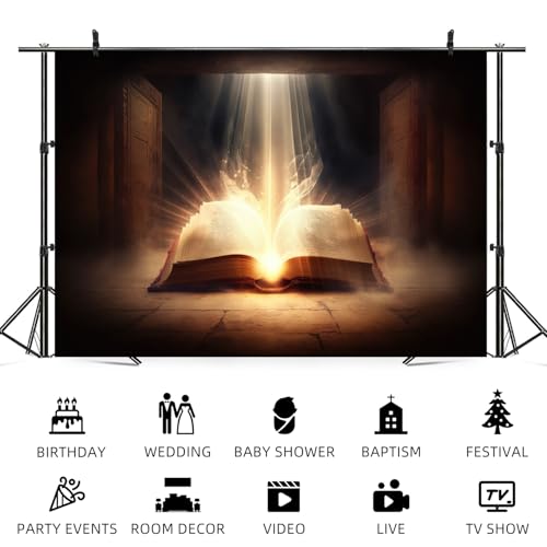 10x5ft Bible Backdrop Holy Glowing Opened Book Photography Background Jesus Christ Christian Religious Belief Church Sanctuary Baby Shower Banner Decorations Easter Portrait Photo Booth Prop - size: 10x5ft