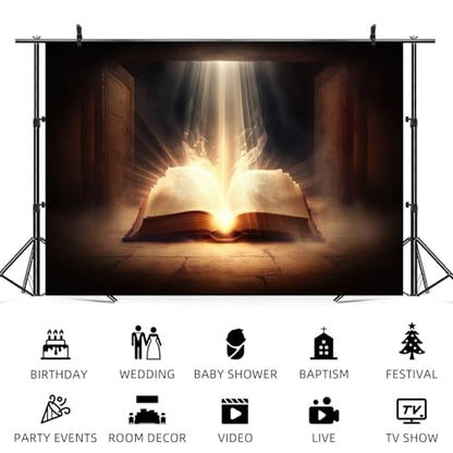 10x5ft Bible Backdrop Holy Glowing Opened Book Photography Background Jesus Christ Christian Religious Belief Church Sanctuary Baby Shower Banner Decorations Easter Portrait Photo Booth Prop - size: 10x5ft