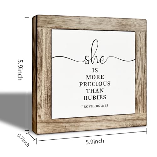 Christian Wooden Desk Decor Sign, She Is More Precious Than Rubies, Farmhouse Bible Verse Proverbs 3:15 Tabletop Sign, Inspirational Religious Faith Decor Gift for Women 5.9x5.9 Inches - color: color28