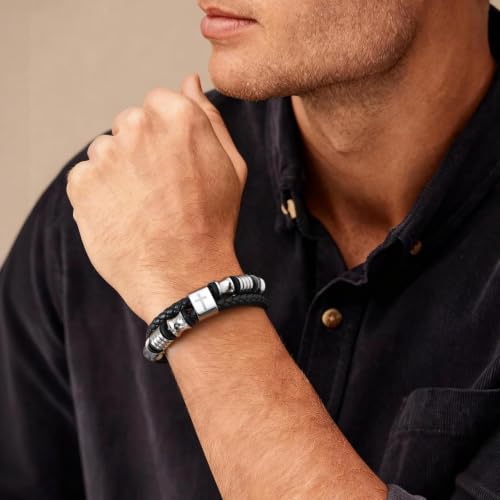 Christian Silver Leather Bracelet for Men - Double-Row Braided Leather Faith Cross Bracelets Bangle Religious Baptism Inspirational Bible Verse Jewelry Gift for Men, Adjustable Wristband 7.5"-8.6" - color: Brown Black-JOSHUA 1:9