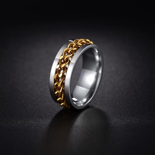 Mens Fidget Rings Anxiety Ring for Men 6mm 8mm Chain Spinner Ring Size 5-14 - color: Silver Gold