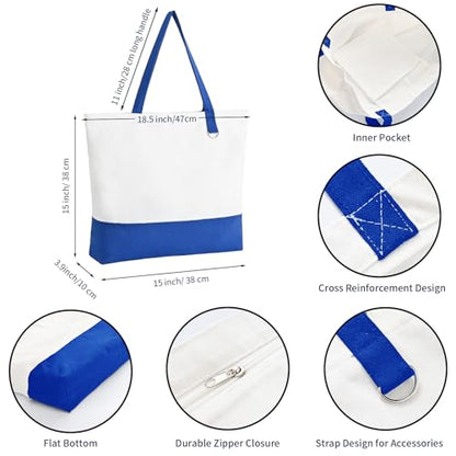 6-Pack Canvas Tote Bags with Zipper, Large Grocery Tote, Royal Blue - color: Royal Blue/White