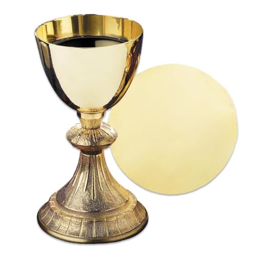 Church Gold Plated Brass Chalice & Paten, 12 Ounce, Dual Finish Stem & Bowl - color: Dual Finish Stem & Bowl