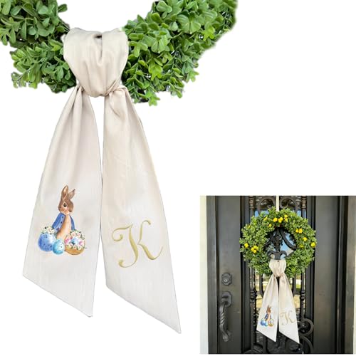 Rabbit Easter Wreath Bow Custom Embroidered Monogram Spring Bunny Wreath Sash for Front Door Hand Tailored Easter Decorations Spring Bows for Wreaths (K) - color: K