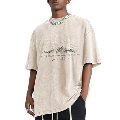 Christian Faith God Shirts for Men Jesus Bible Verse Shirt Oversized Acid Wash Tshirts Star Mountain Graphic Tees - color: Apricot, size: Medium