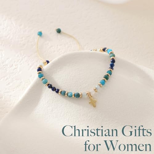 Christian Gifts for Women, Cross Bracelet, Natural Stone Beaded Jewelry - color: Blue