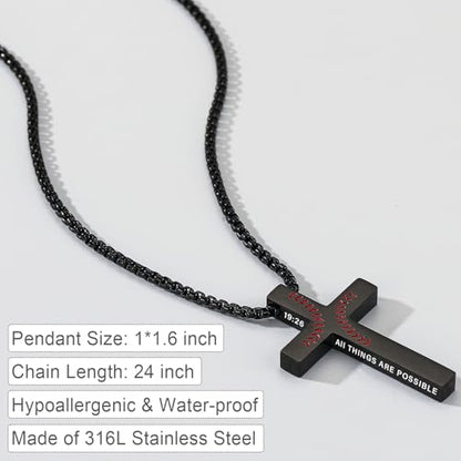 Baseball Bible Verse Cross Necklace for Boys Men, Stainless Steel Cross Pendant Baseball Game Day Christian Religious Jewelry Gifts for Teen Boys Kids - color: Black, style: PHILIPPIANS 19:26