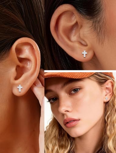 Limerencia Titanium Stud Earrings, Cross Earrings for Sensitive Ears - color: Silver +Butterfly Back with CZ