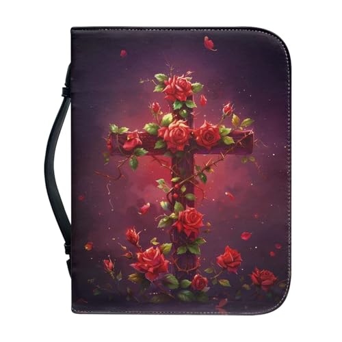 Cross & Red Rose Pattern Bible Cover for Women Soft PU Leather Verse Print Bible Carrying Case Large Capacity Book Organizer with Top Handle Gifts for Christians - color: Cross & Red Rose Verse, size: 2X-Large