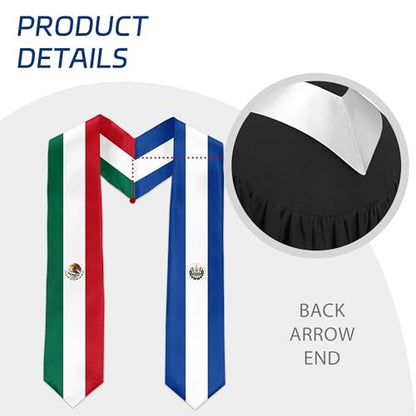 International Graduate Satin Sash Stole with National Flag Design - color: Mexico and El Salvador Flag